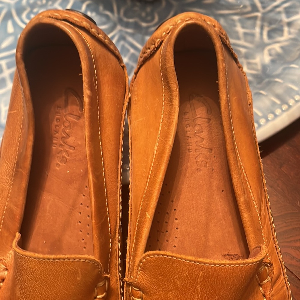 Clarks England cognac camel tan driving loafers shoes sz 7.5 leather - Picture 2 of 7